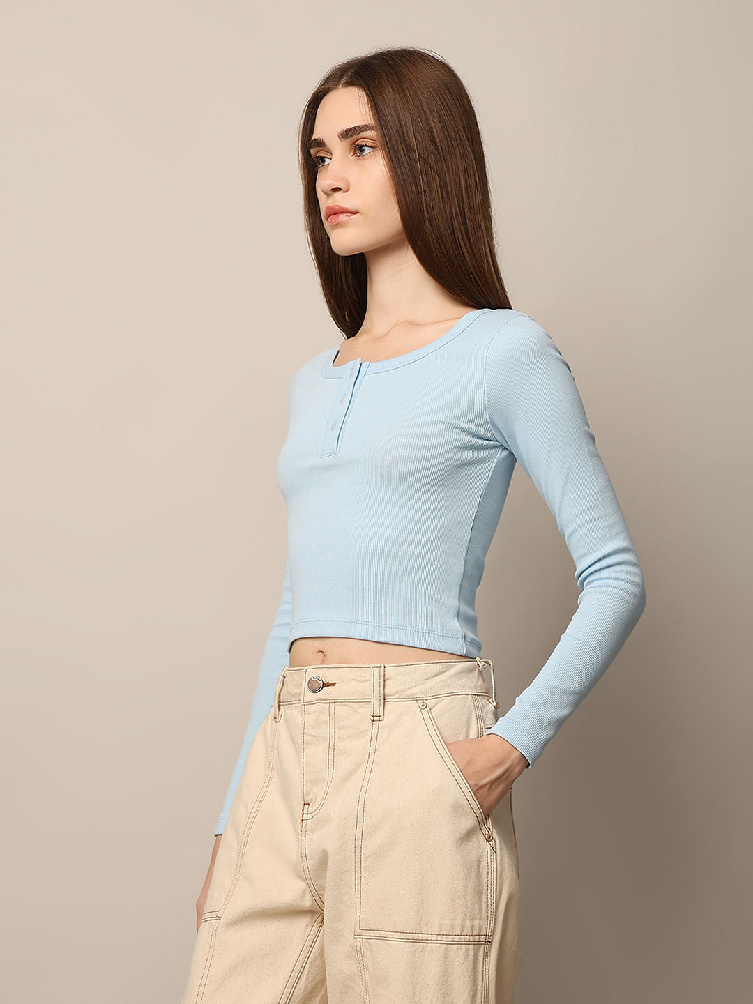 Blue Ribbed Fitted Top