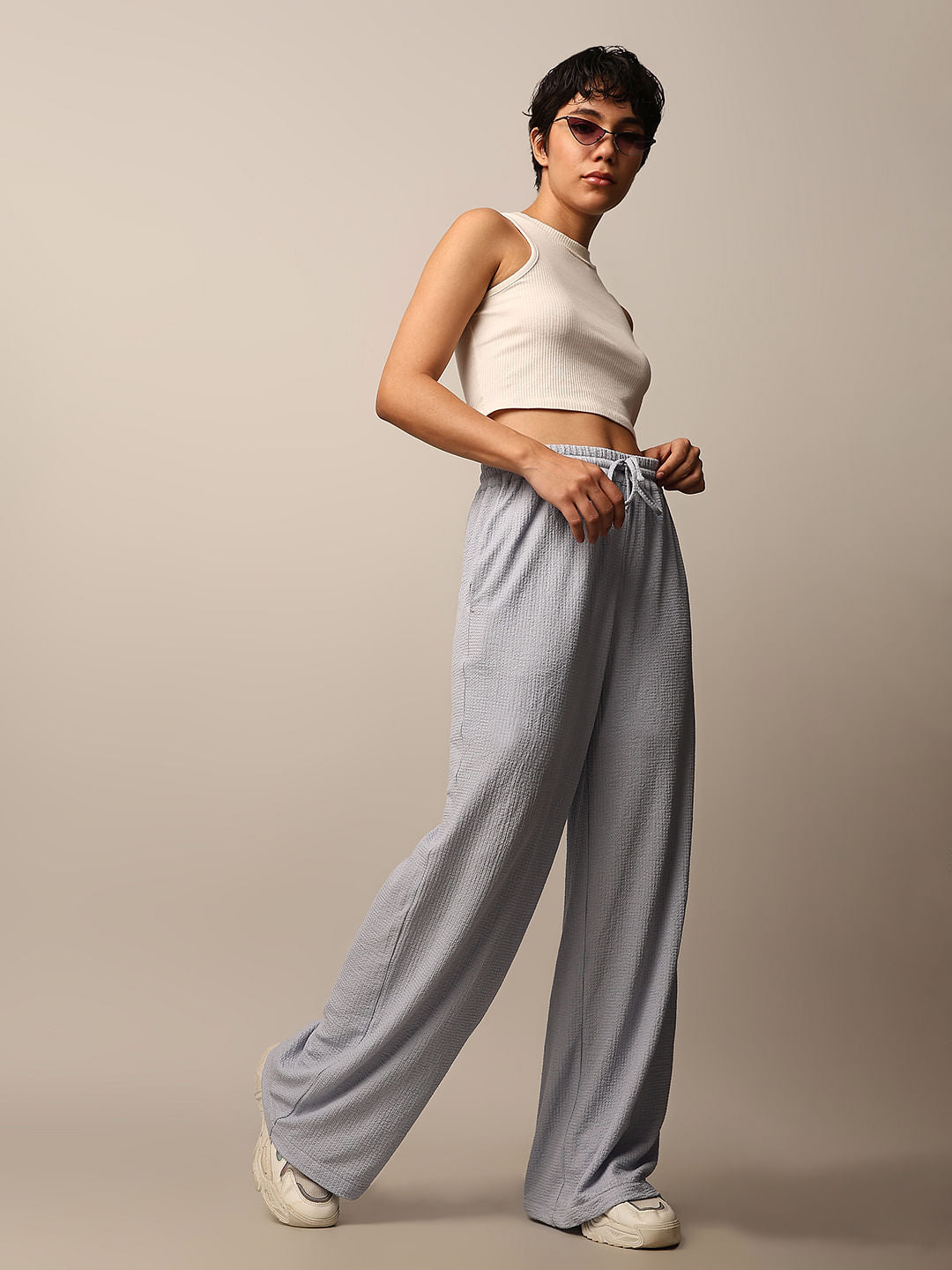 Blue Textured Pull On Pants