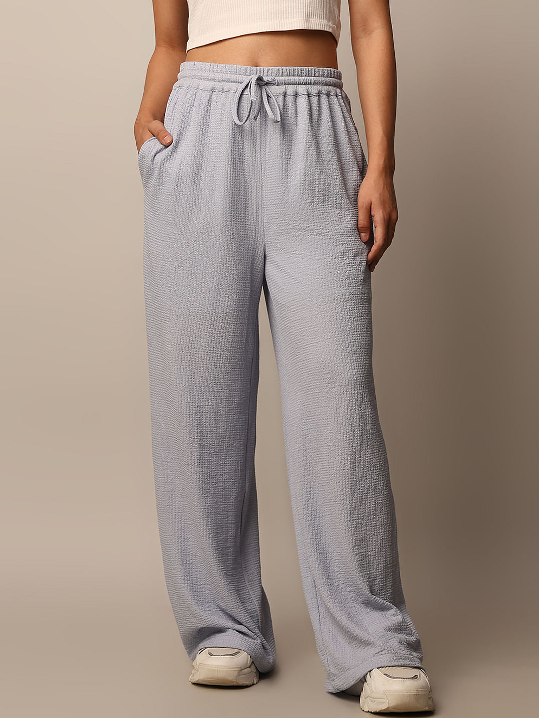 Blue Textured Pull On Pants