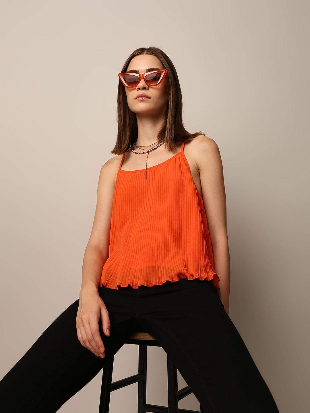 Orange Pleated Strappy Top
