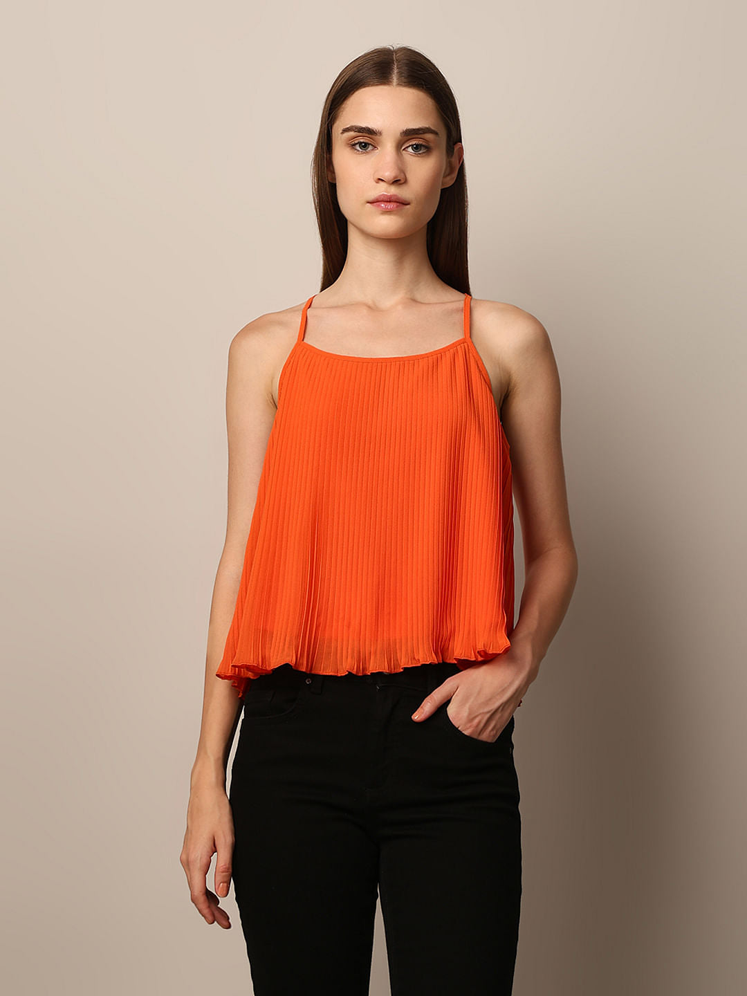 Orange Pleated Strappy Top