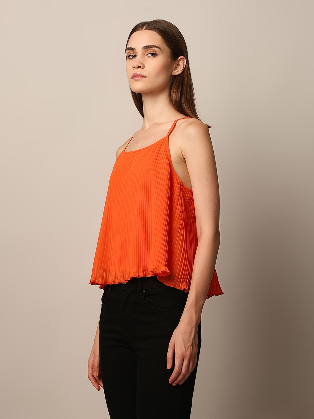 Orange Pleated Strappy Top