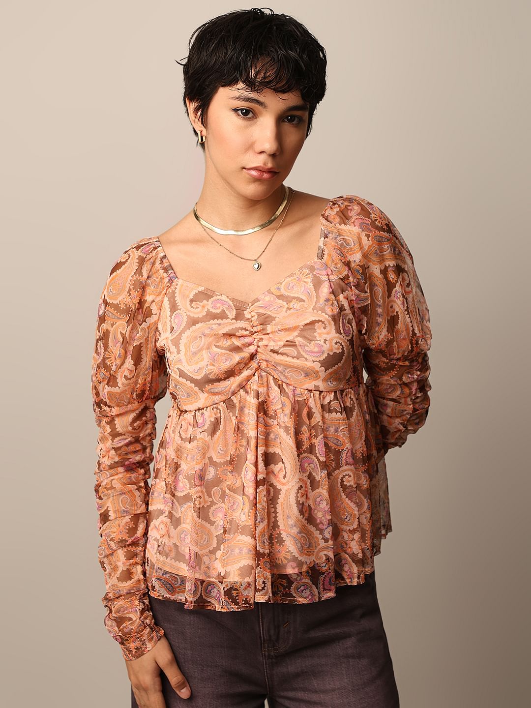 Brown Printed Mesh Top