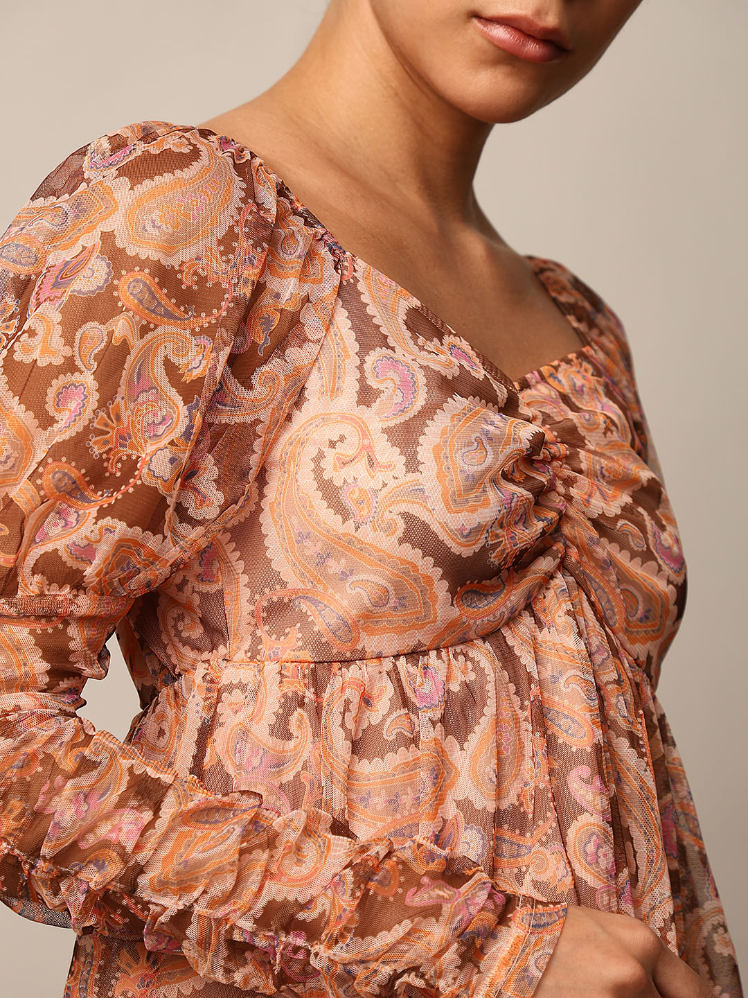 Brown Printed Mesh Top