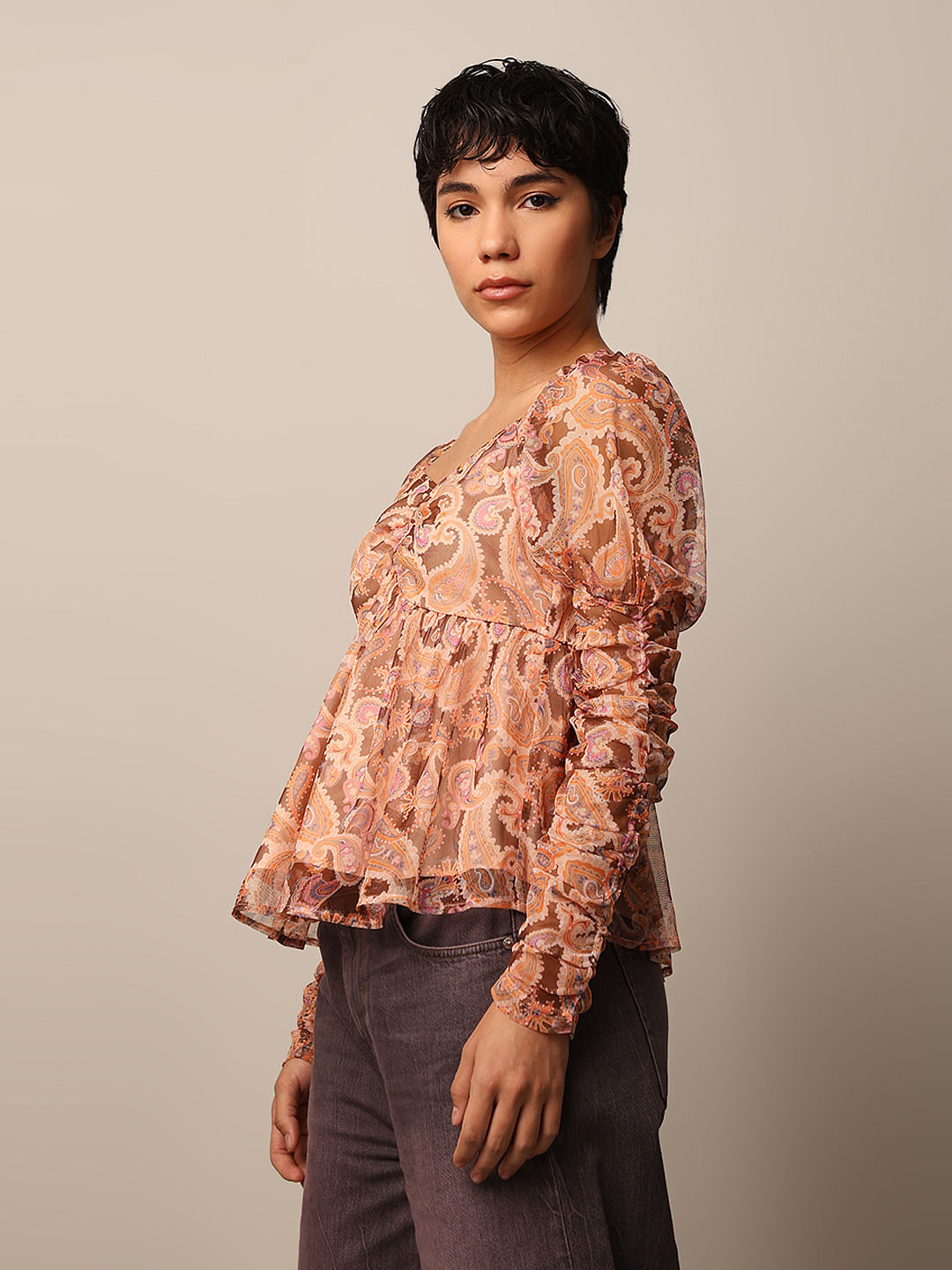 Brown Printed Mesh Top