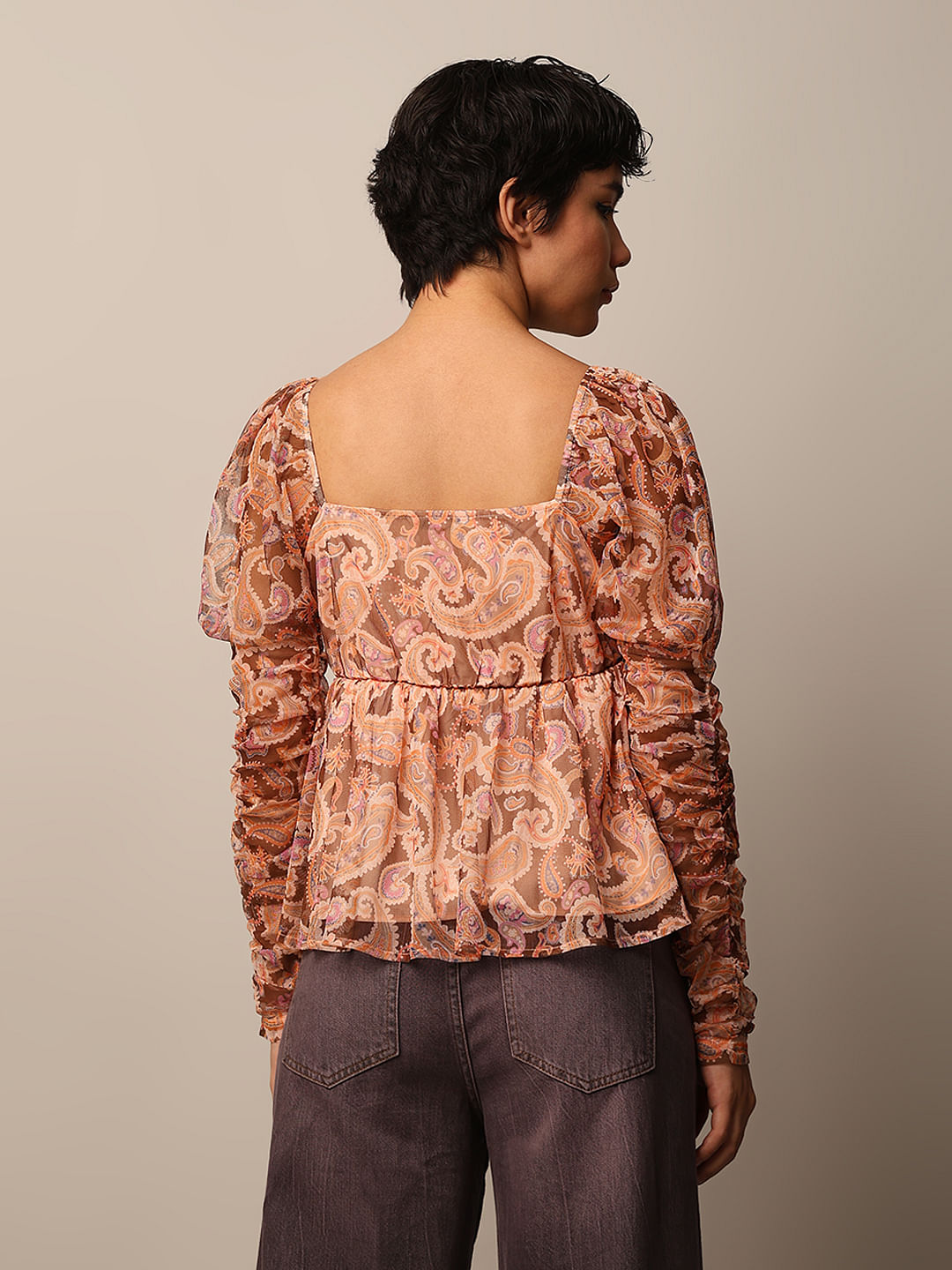 Brown Printed Mesh Top