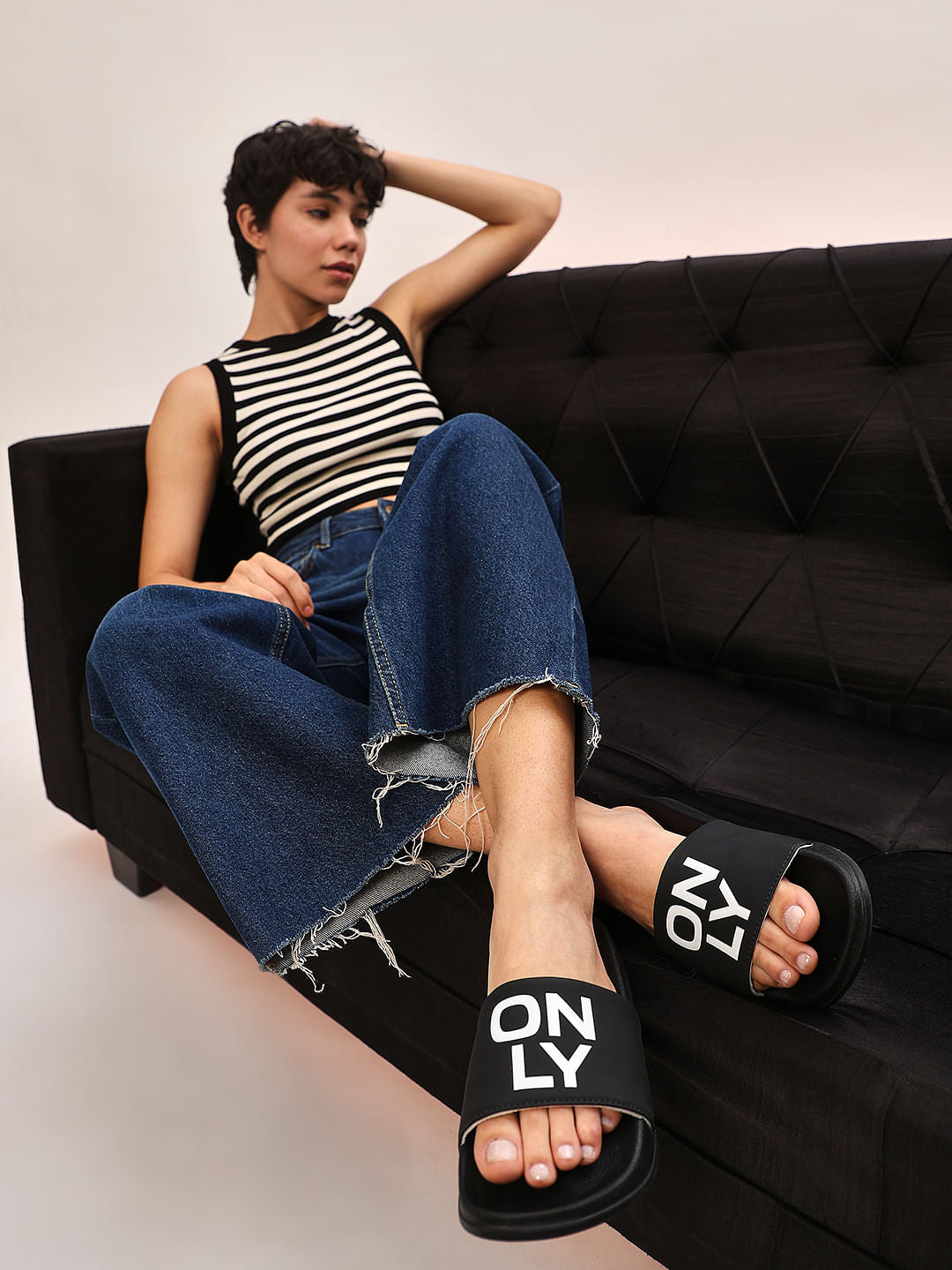 Black Large Logo Print Sliders