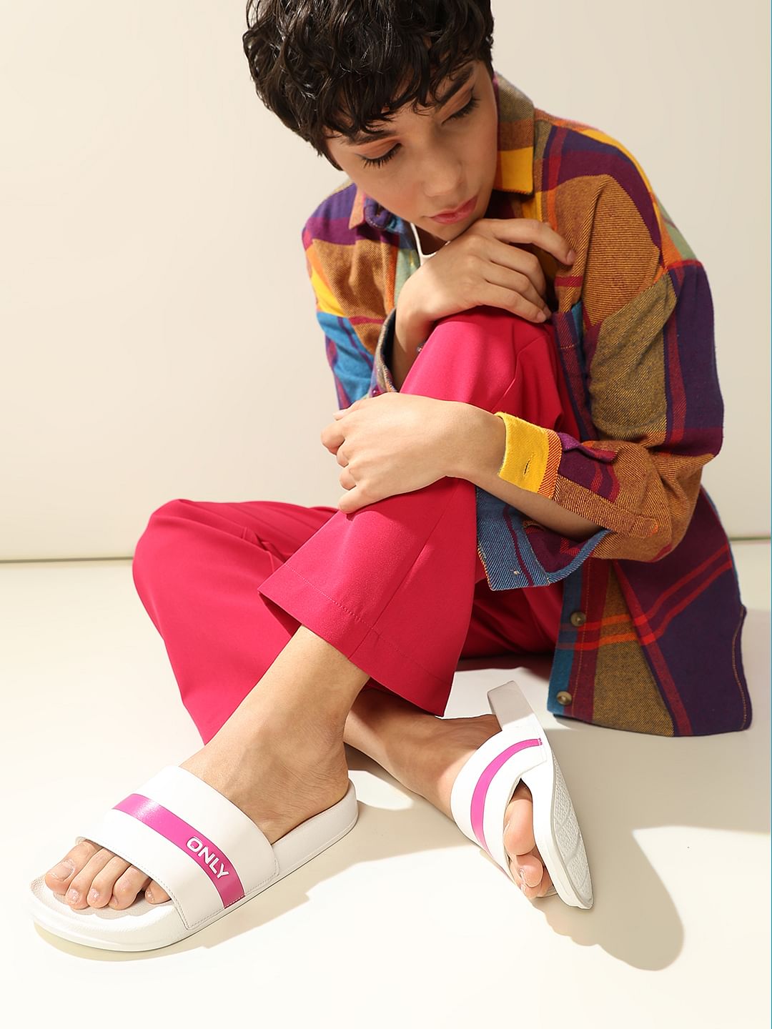 Pink Striped Logo Print Pool Sliders