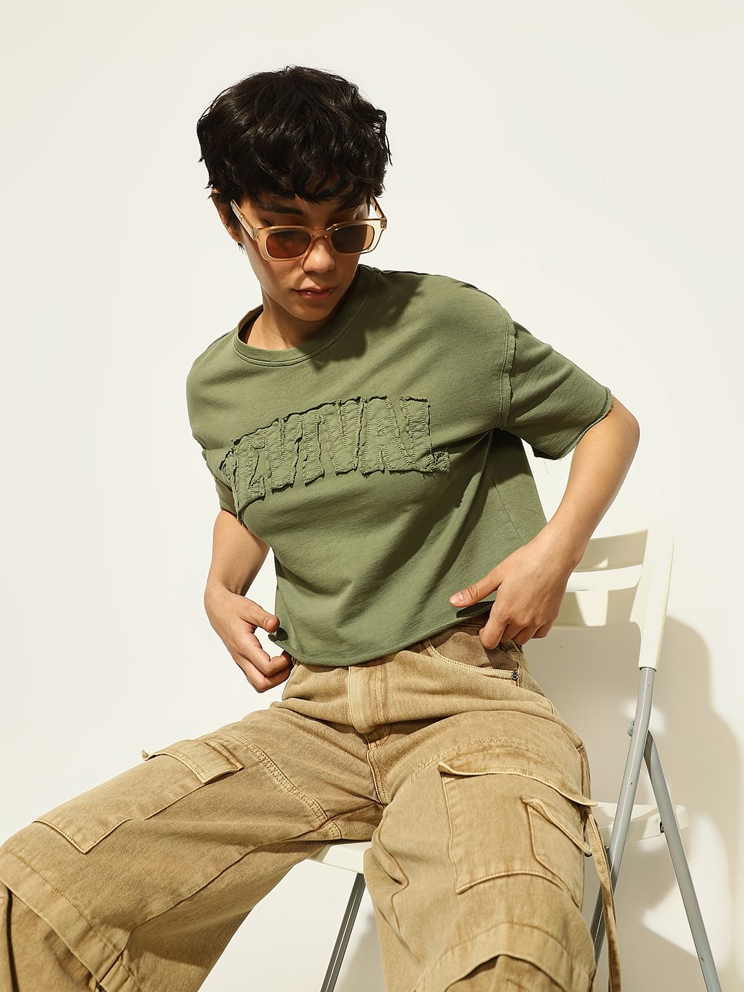 Olive Text Print Boxy Fit T-Shirt