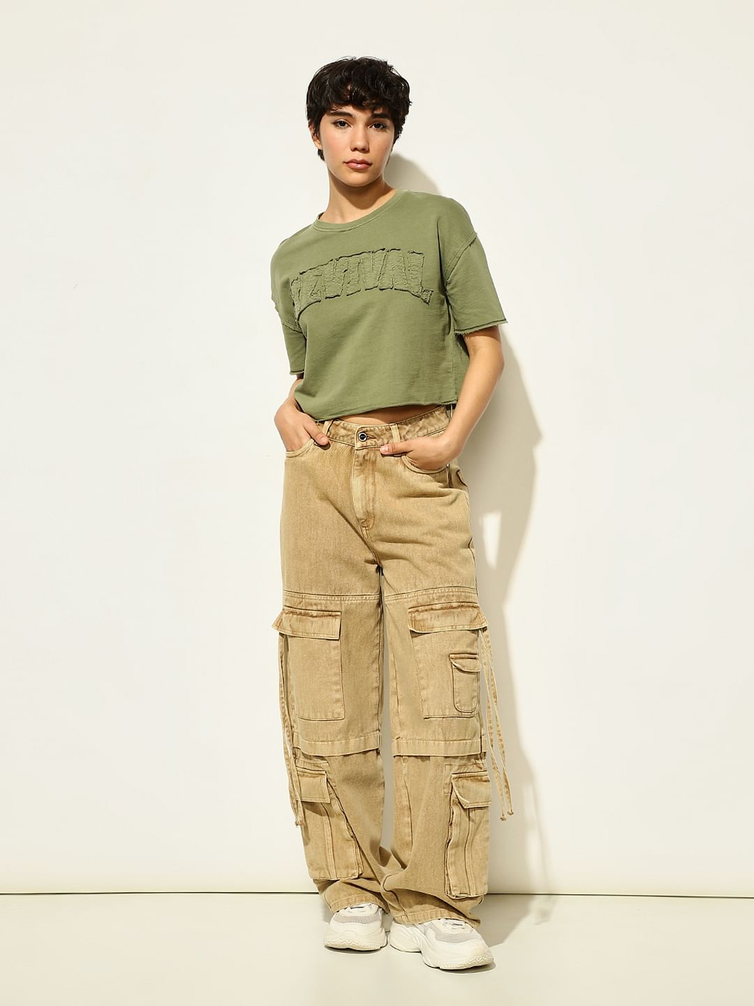 Olive Text Print Boxy Fit T-Shirt