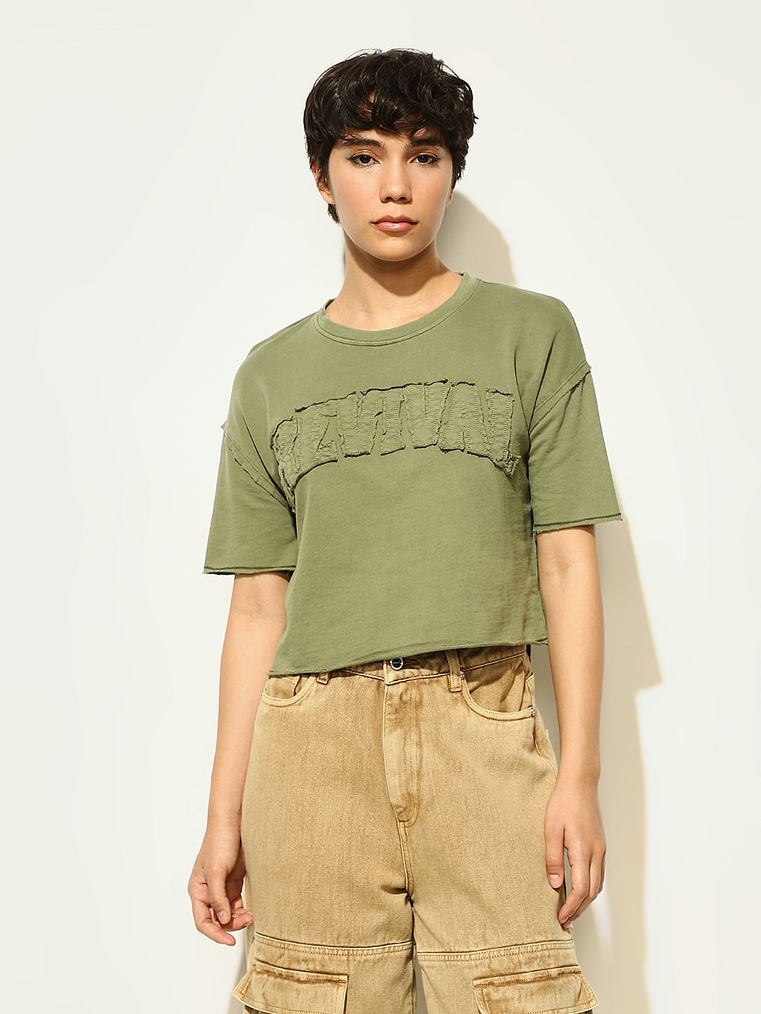 Olive Text Print Boxy Fit T-Shirt