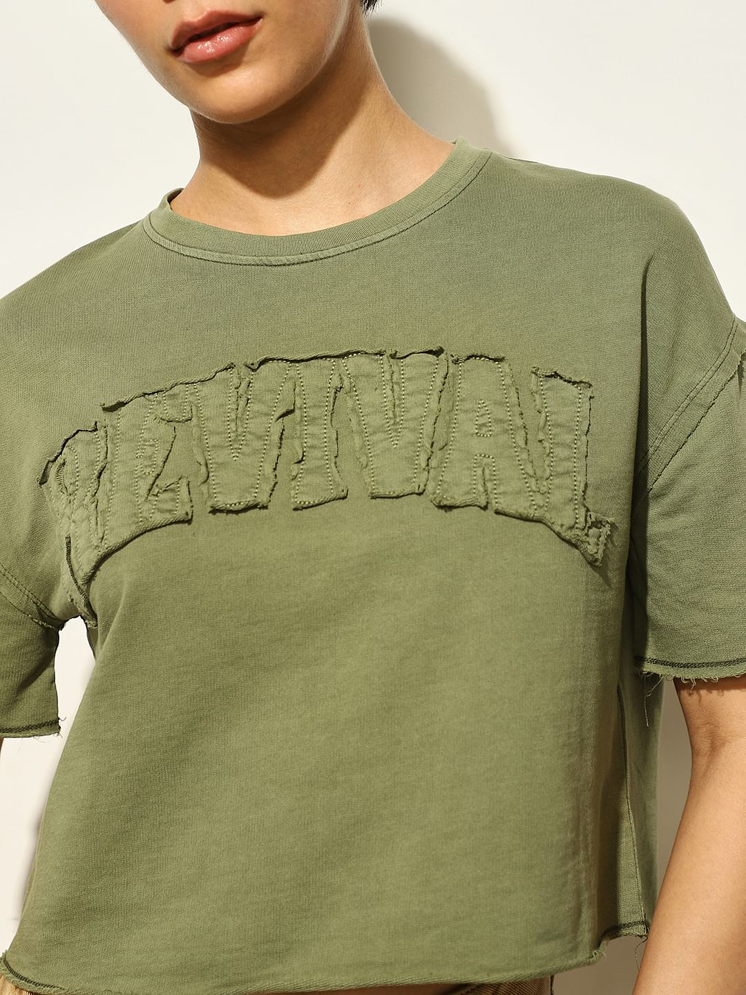 Olive Text Print Boxy Fit T-Shirt