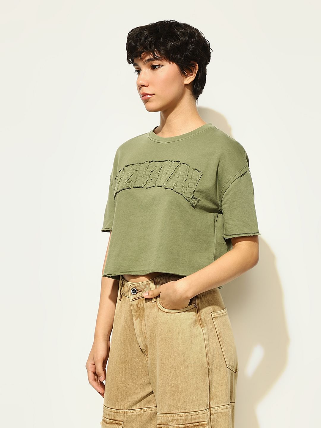 Olive Text Print Boxy Fit T-Shirt