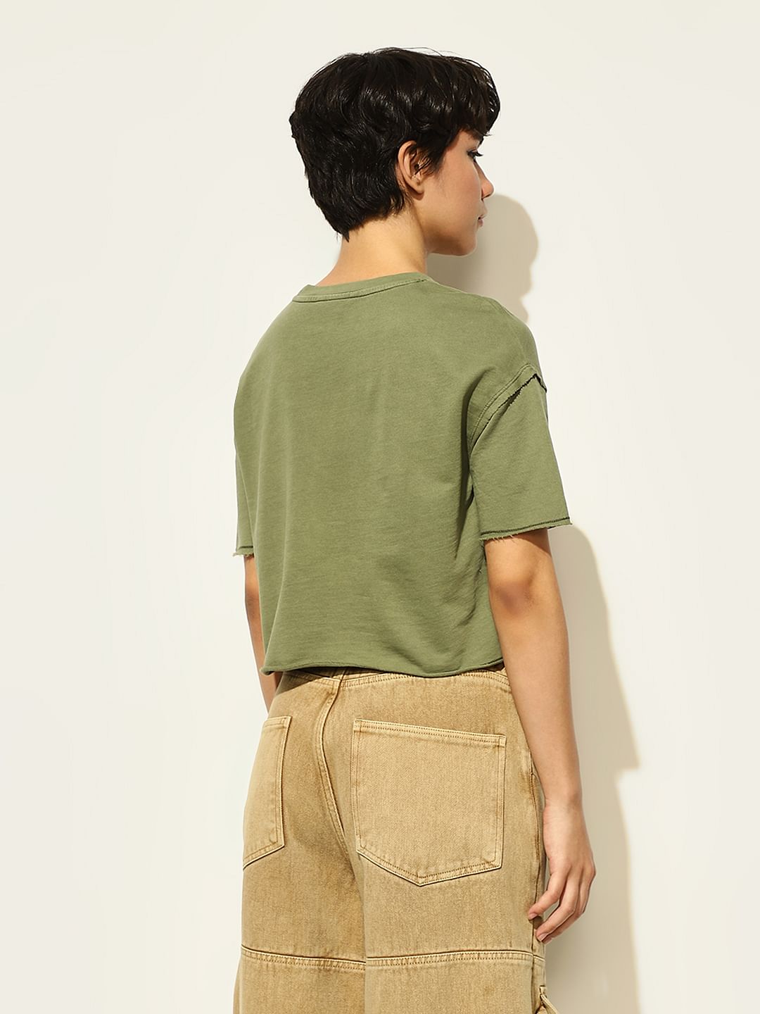 Olive Text Print Boxy Fit T-Shirt