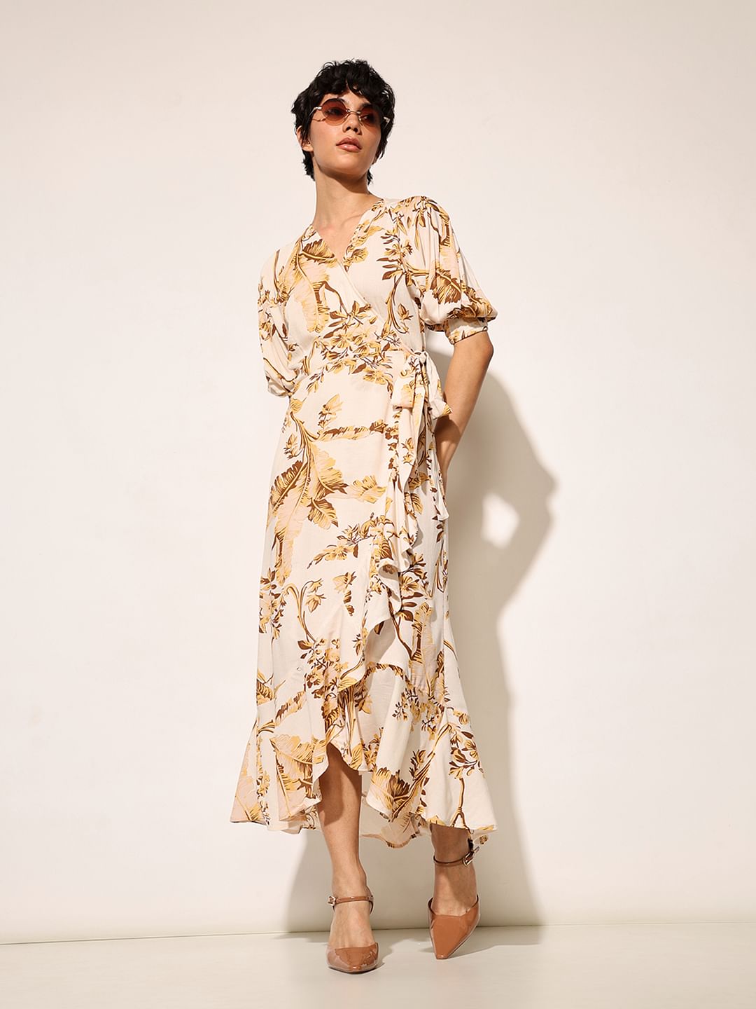 Beige Floral Wrap Midi Dress
