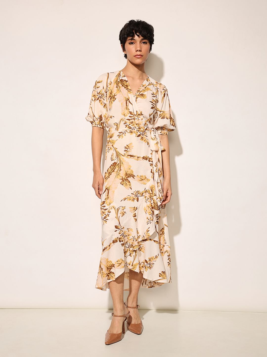 Beige Floral Wrap Midi Dress