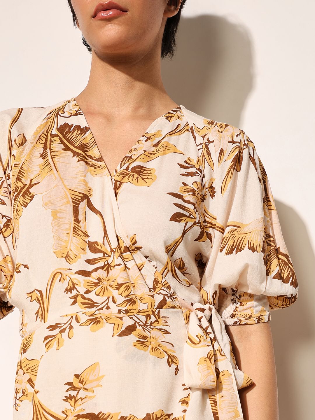 Beige Floral Wrap Midi Dress