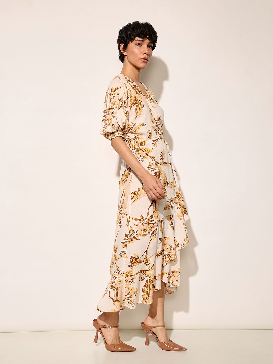 Beige Floral Wrap Midi Dress