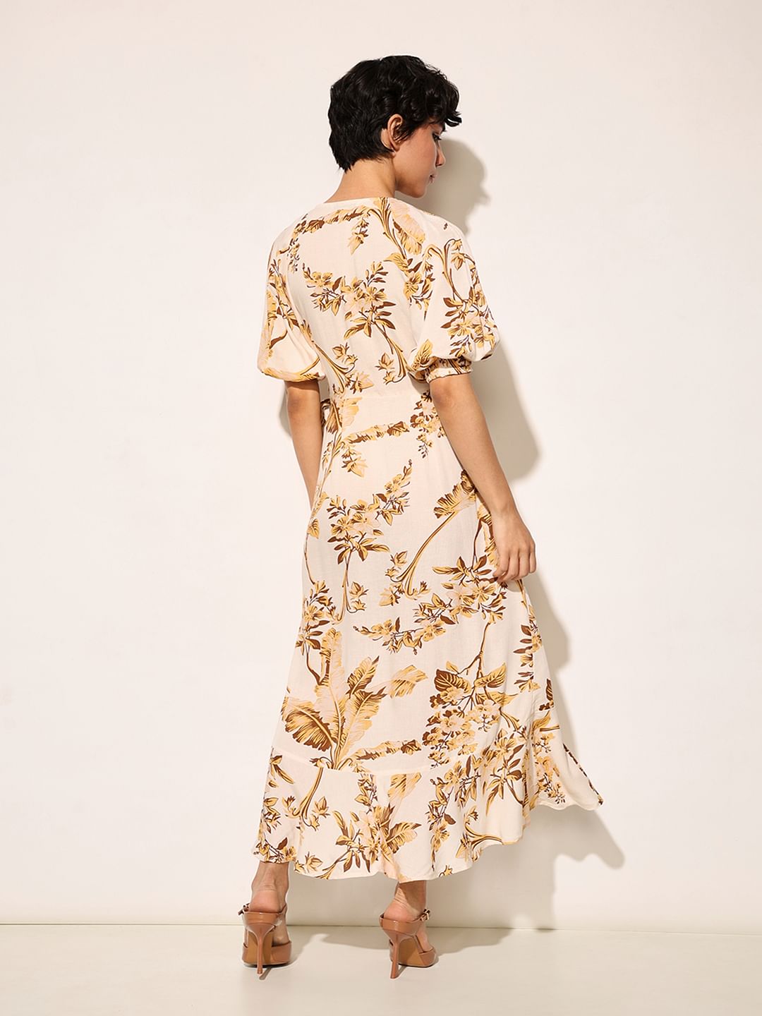 Beige Floral Wrap Midi Dress