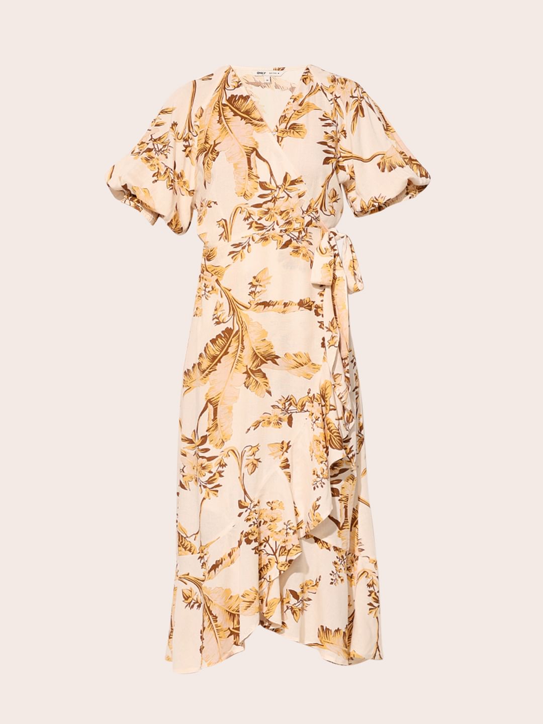Beige Floral Wrap Midi Dress