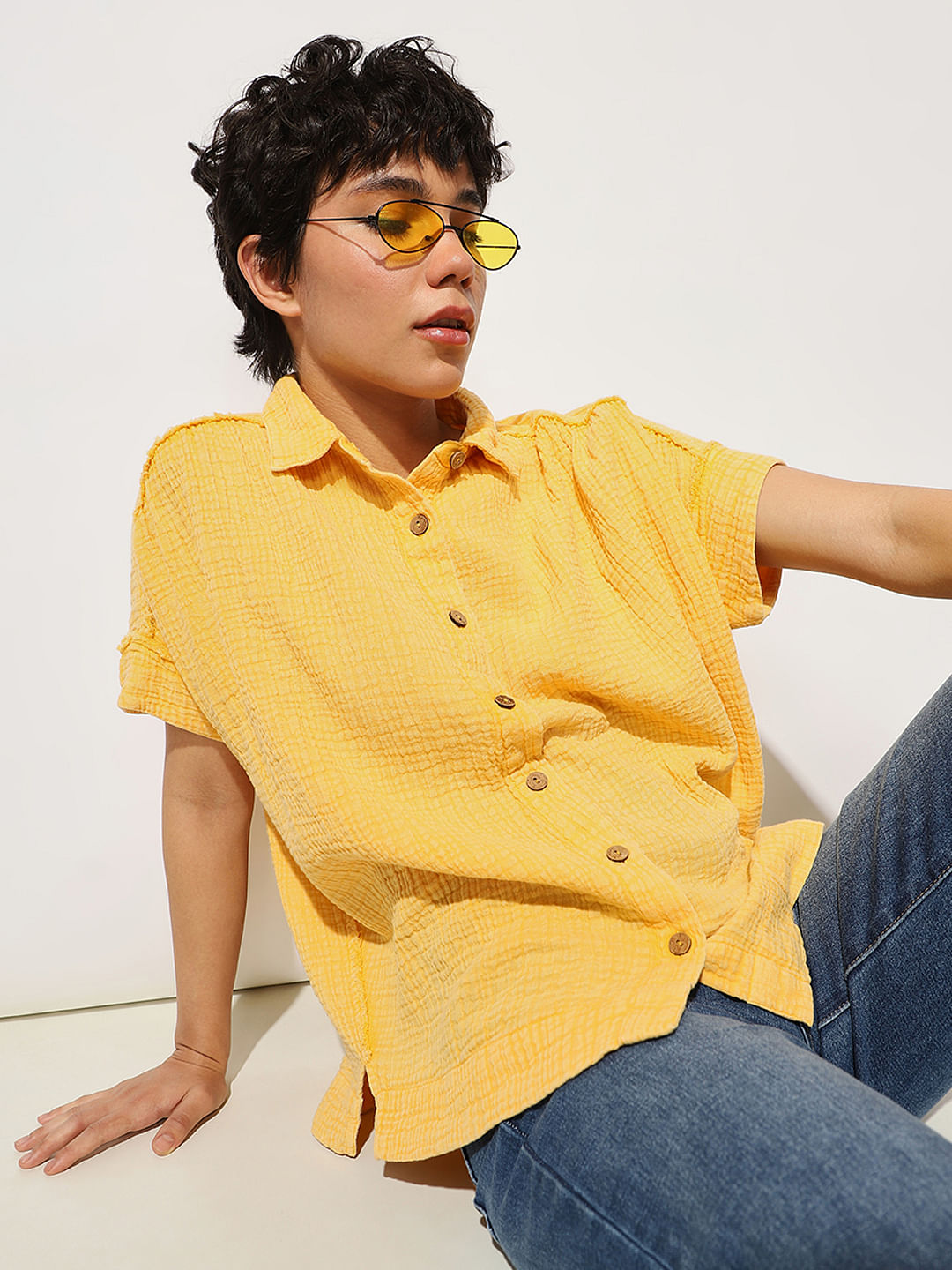 Yellow Seersucker Oversized Shirt