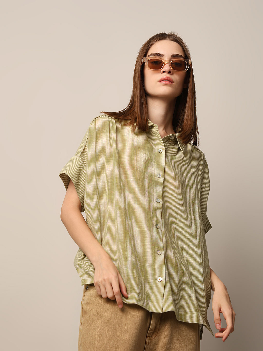 Green Striped Oversized Cotton Shirt