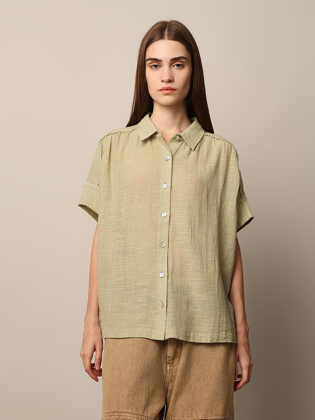 Green Striped Oversized Cotton Shirt