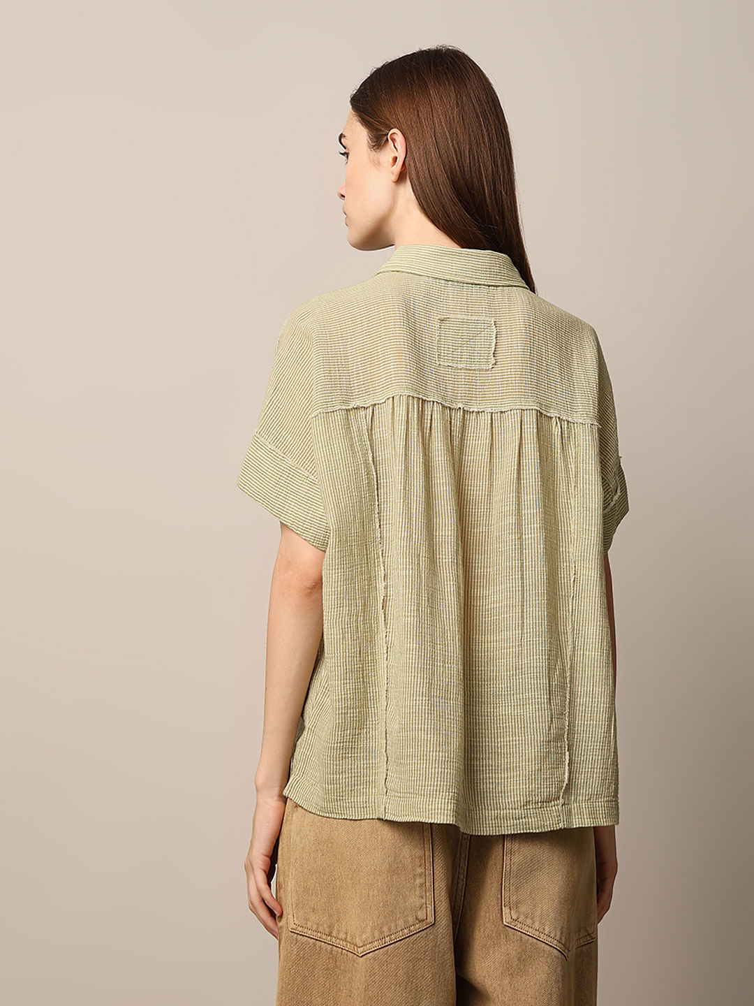 Green Striped Oversized Cotton Shirt