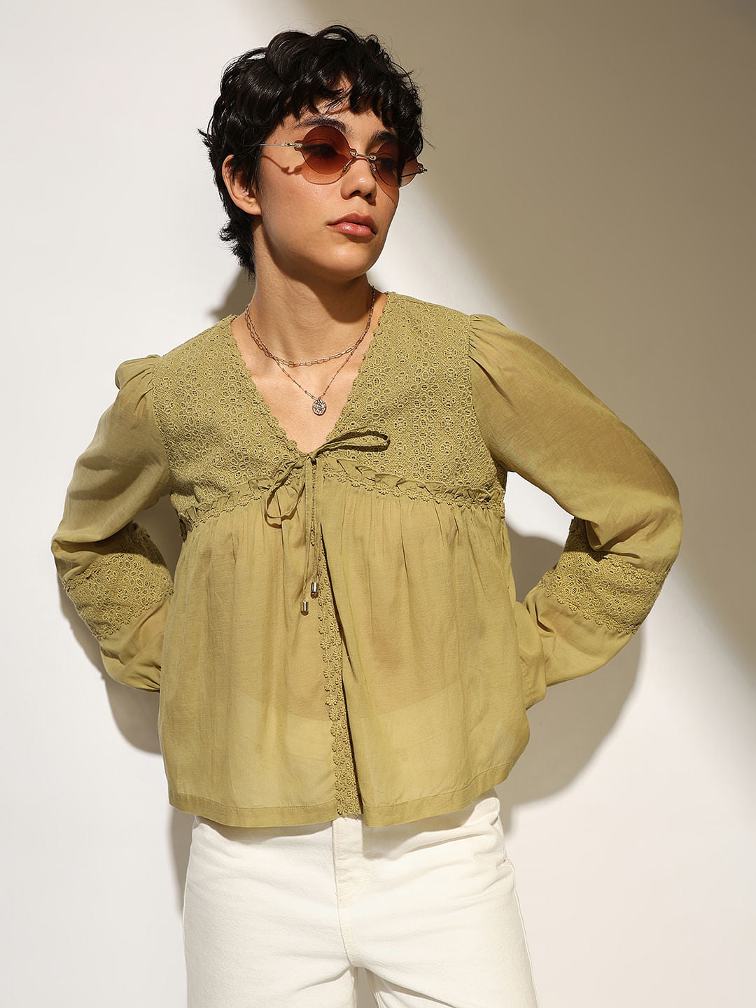 Green Tie Detail Cotton Top