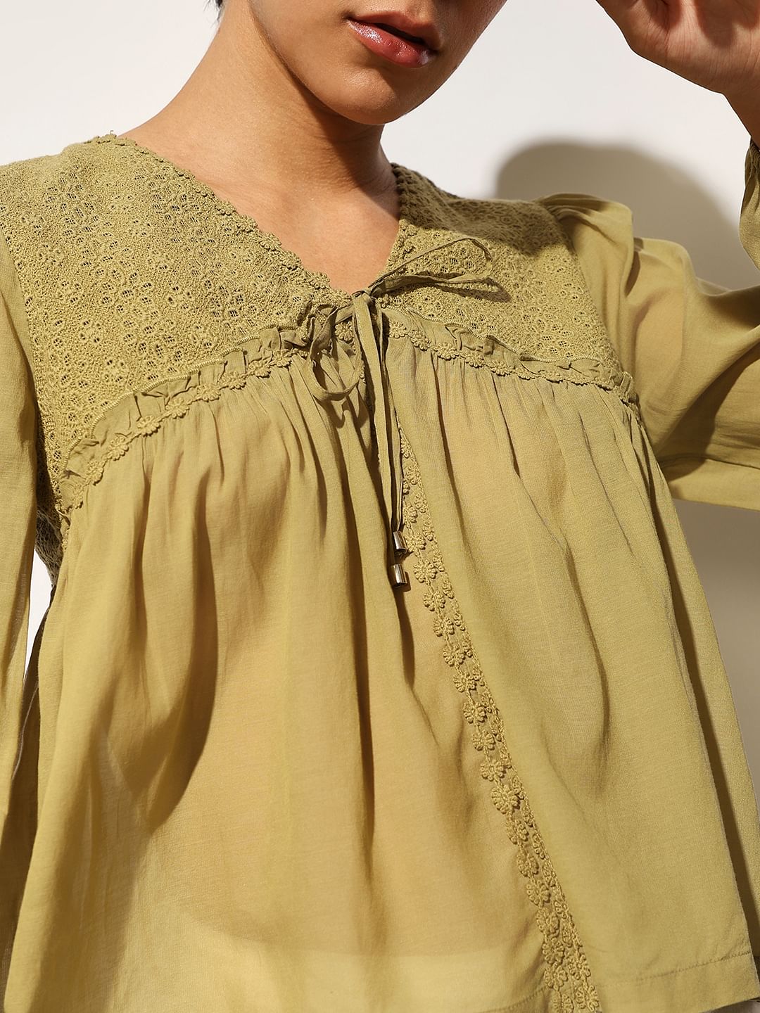 Green Tie Detail Cotton Top