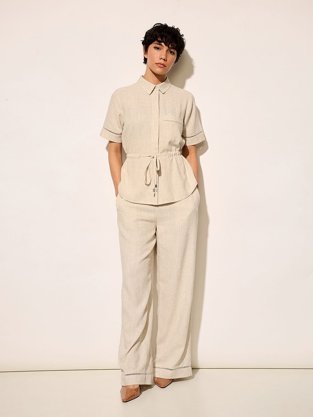 Beige Co-Ord Set Long Shirt