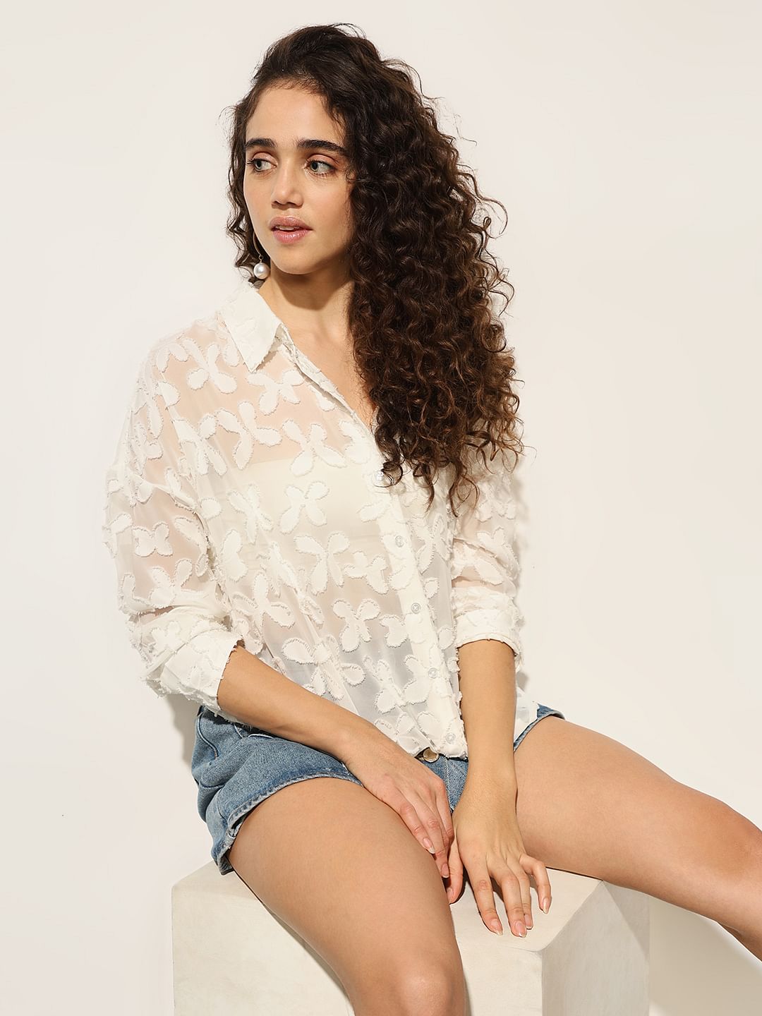 White Sheer Embroidered Shirt