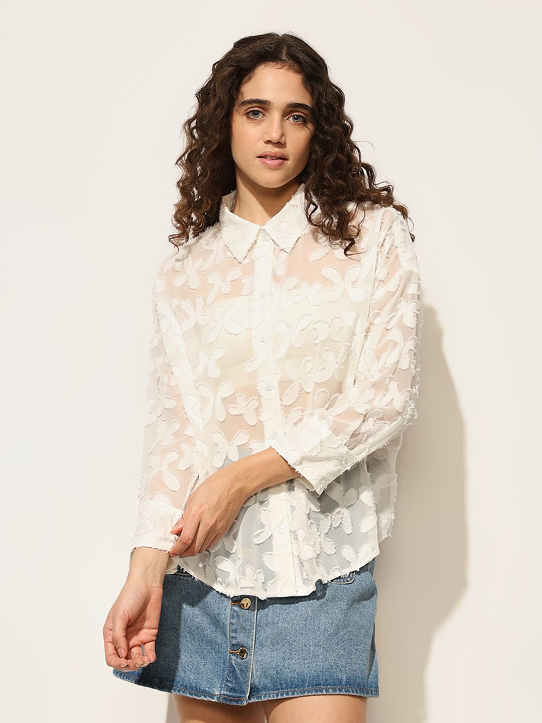 White Sheer Embroidered Shirt