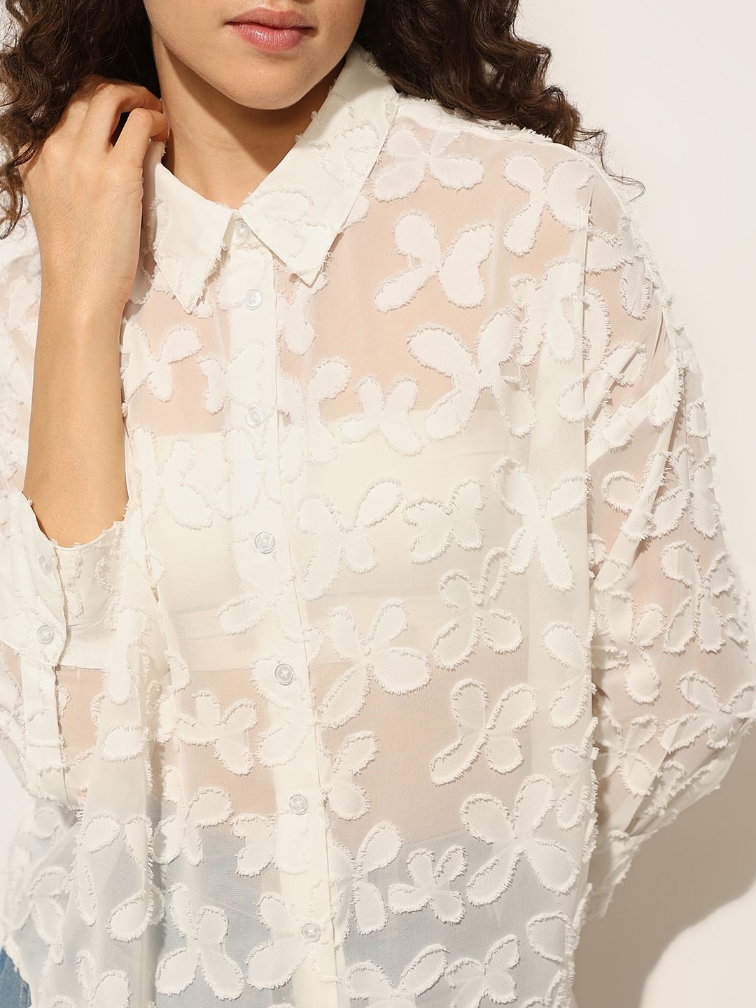White Sheer Embroidered Shirt