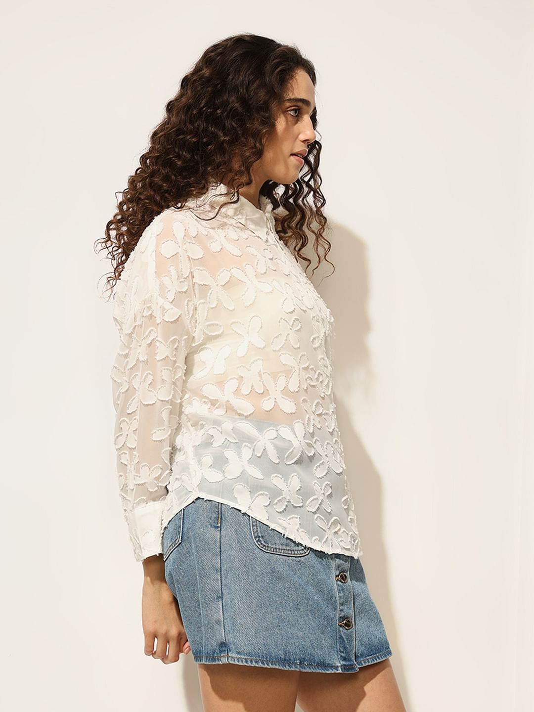 White Sheer Embroidered Shirt
