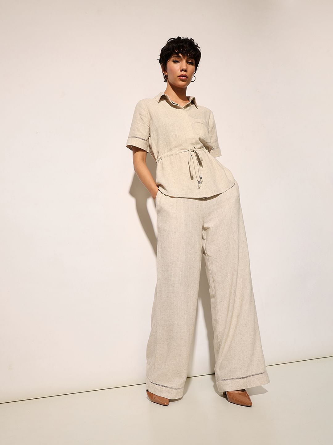 Beige Co-Ord Set Linen Blend Pants