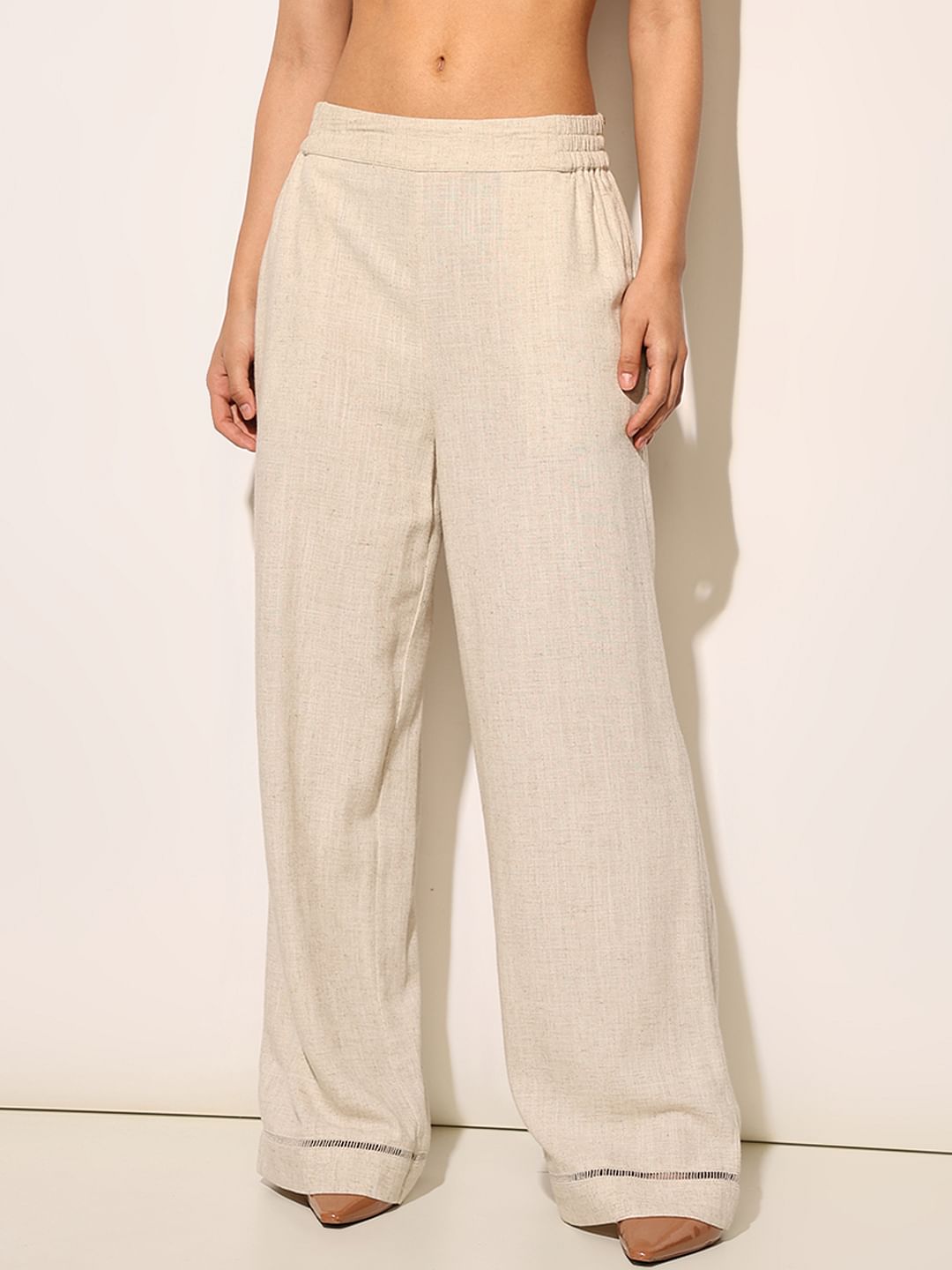 Beige Co-Ord Set Linen Blend Pants