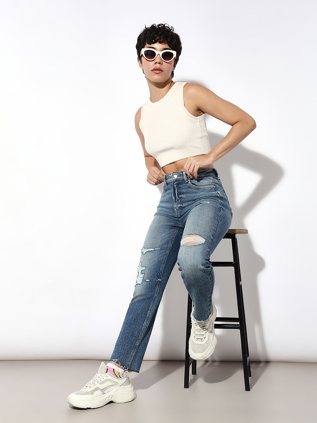 Blue High Rise Distressed Jeans