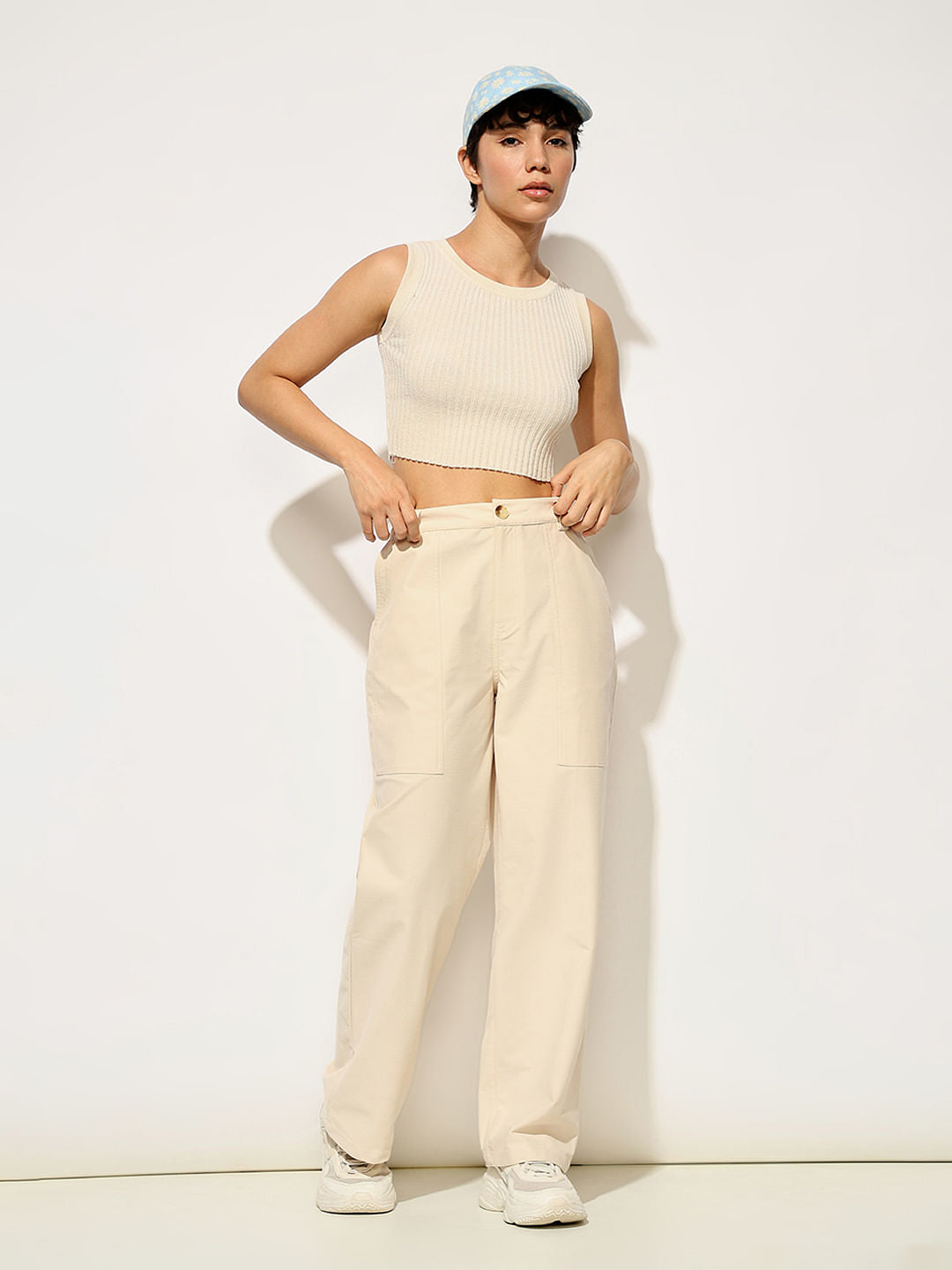 Cream High Rise Cargo Pants