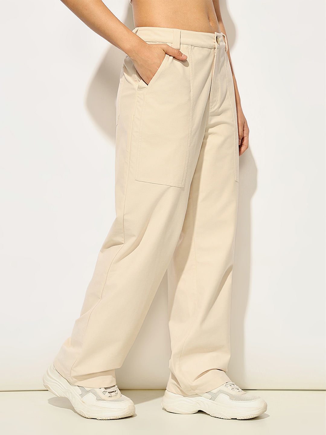 Cream High Rise Cargo Pants