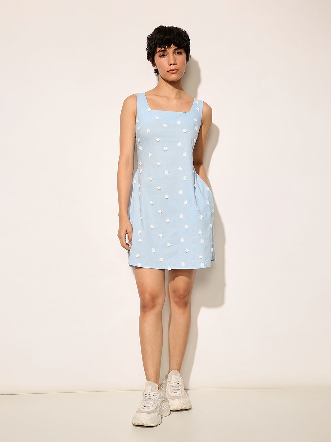 Light Blue Embroidered Floral Mini Dress