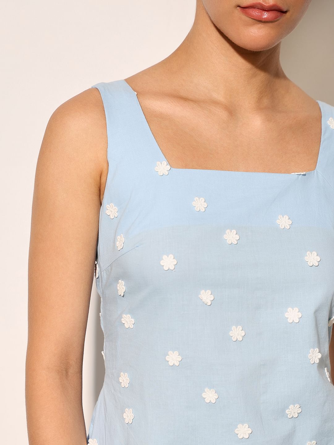 Light Blue Embroidered Floral Mini Dress