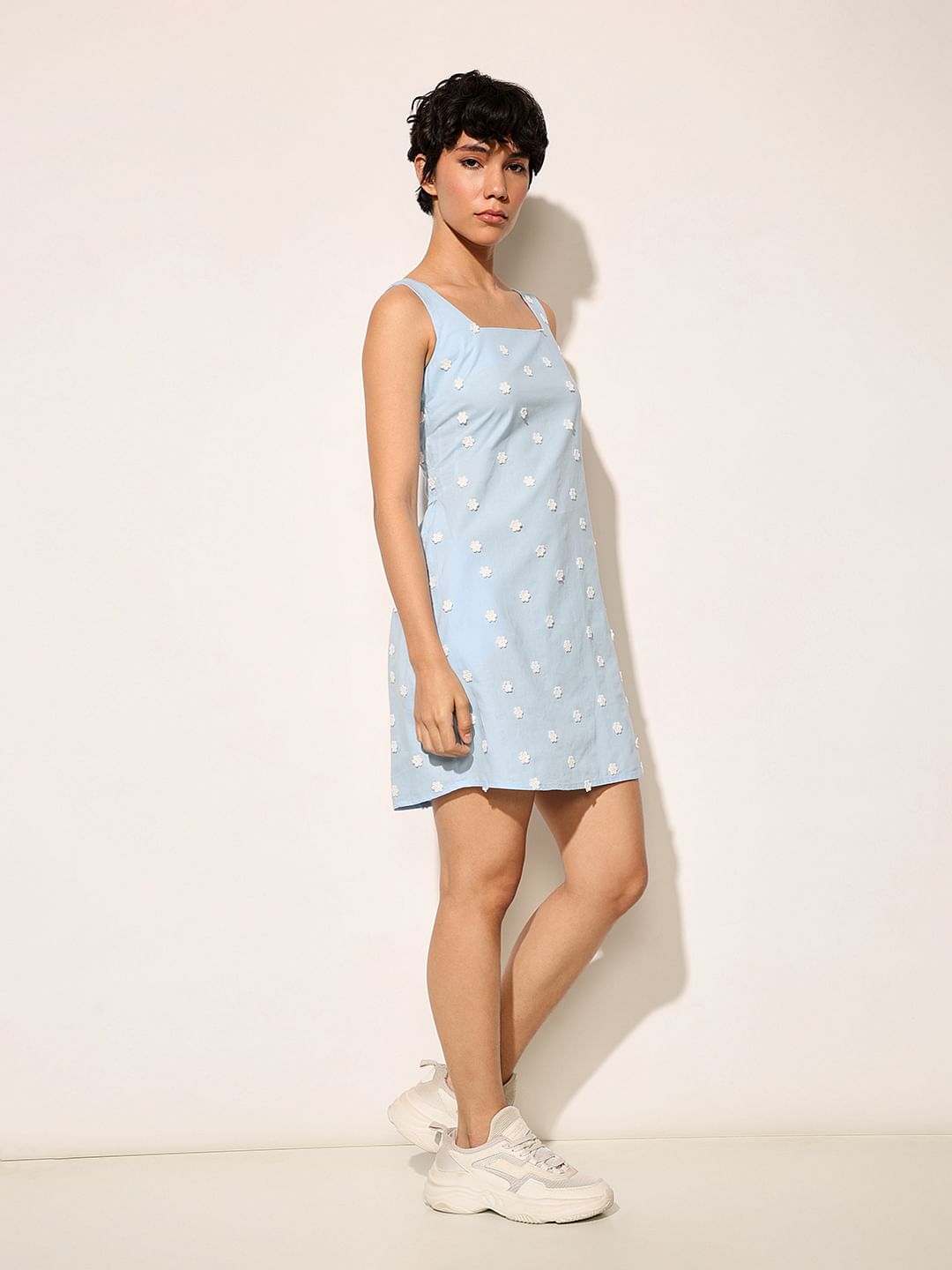 Light Blue Embroidered Floral Mini Dress