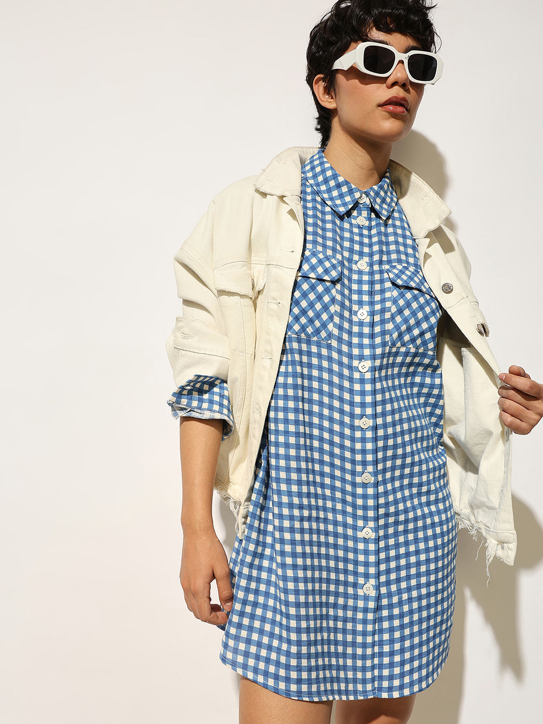 Blue Check Print Shirt Dress