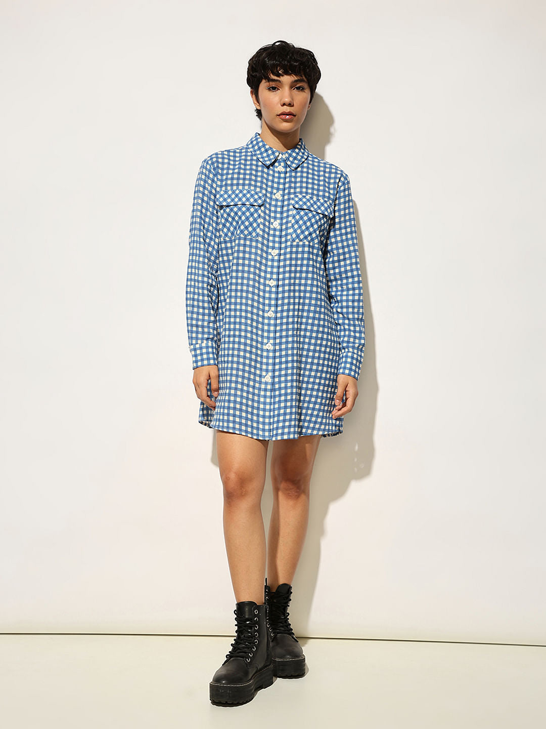Blue Check Print Shirt Dress