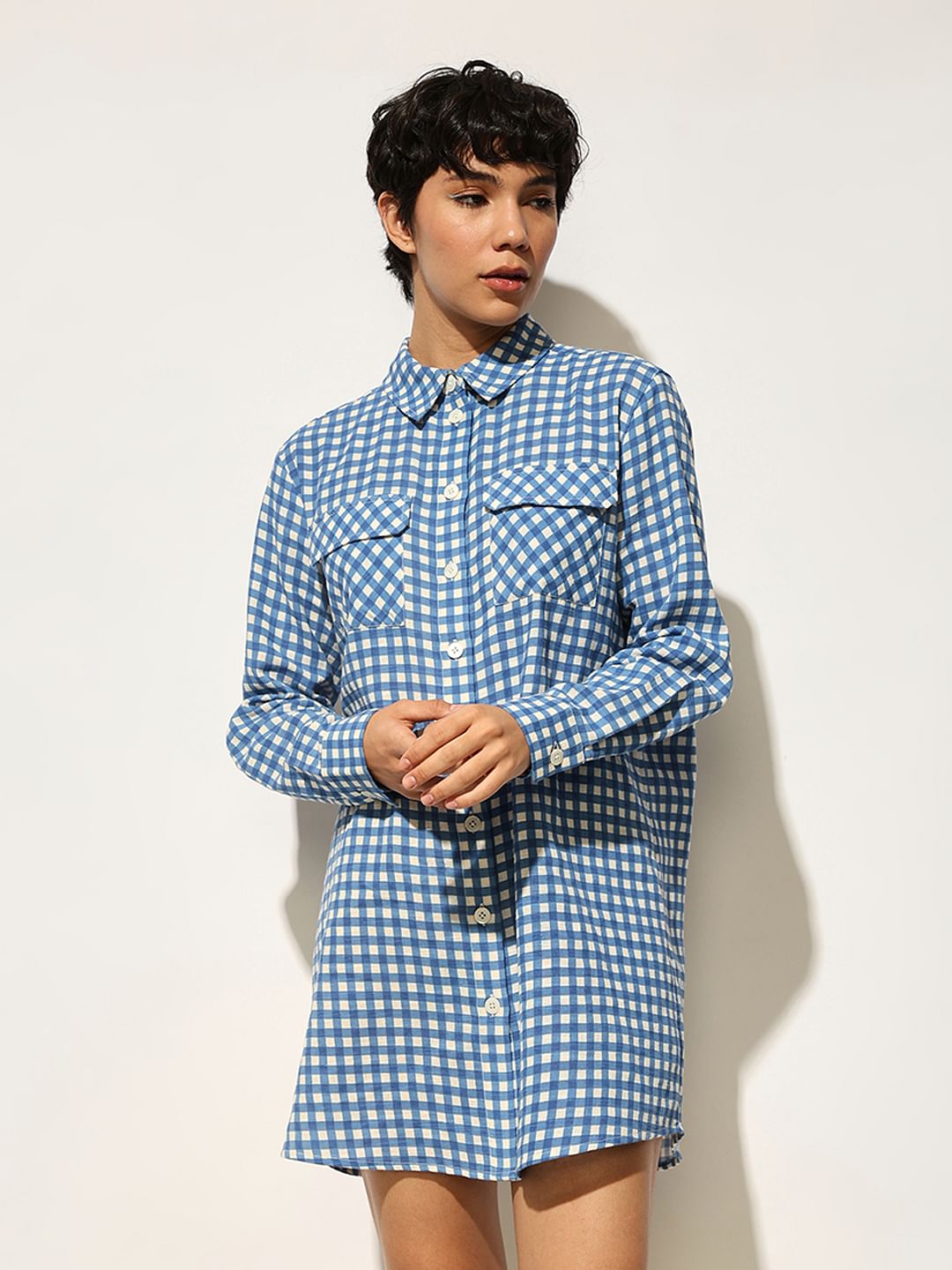 Blue Check Print Shirt Dress