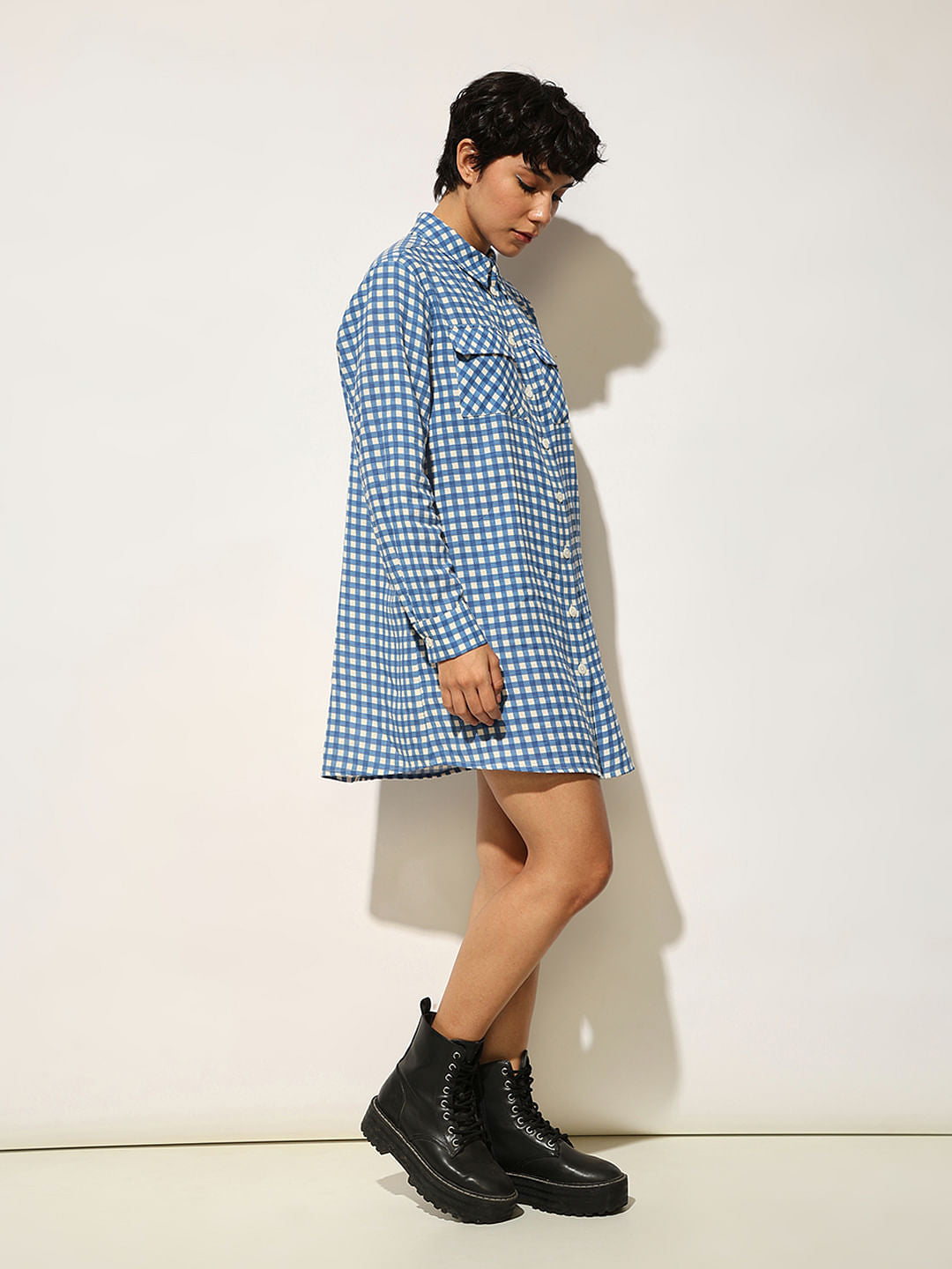 Blue Check Print Shirt Dress