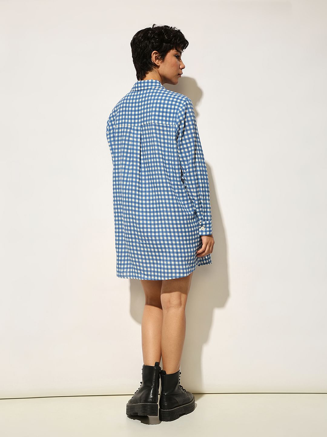 Blue Check Print Shirt Dress