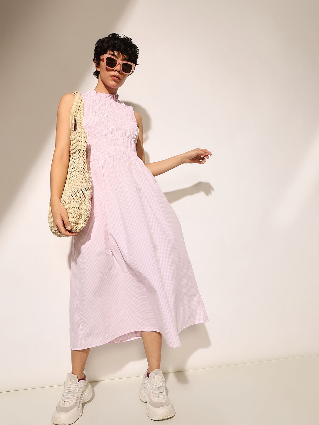 Pink Check Sleeveless Midi Dress