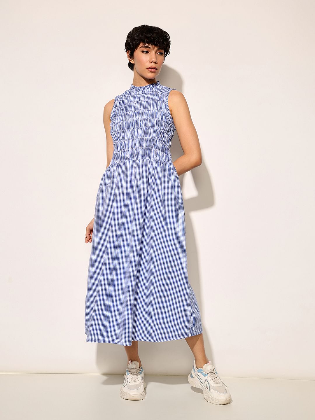 Blue Check Sleeveless Midi Dress